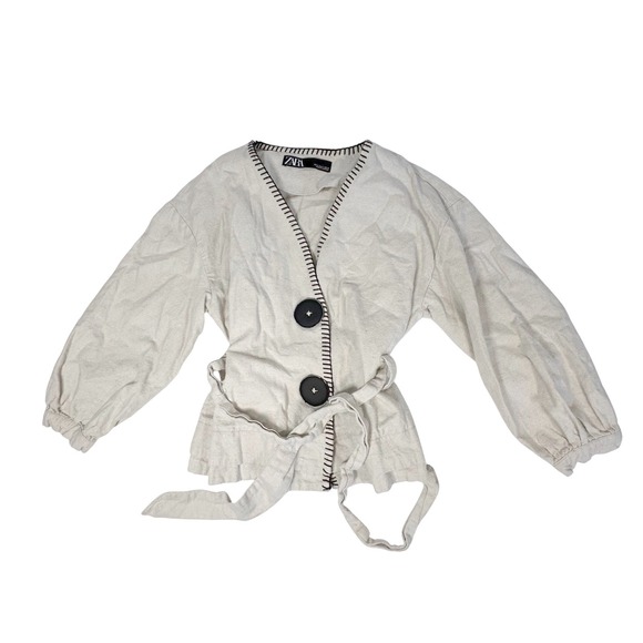 Zara Jackets & Blazers - ZARA Med Kimono Jacket Cream Balloon Sleeve Belted Button lagenlook cotton linen